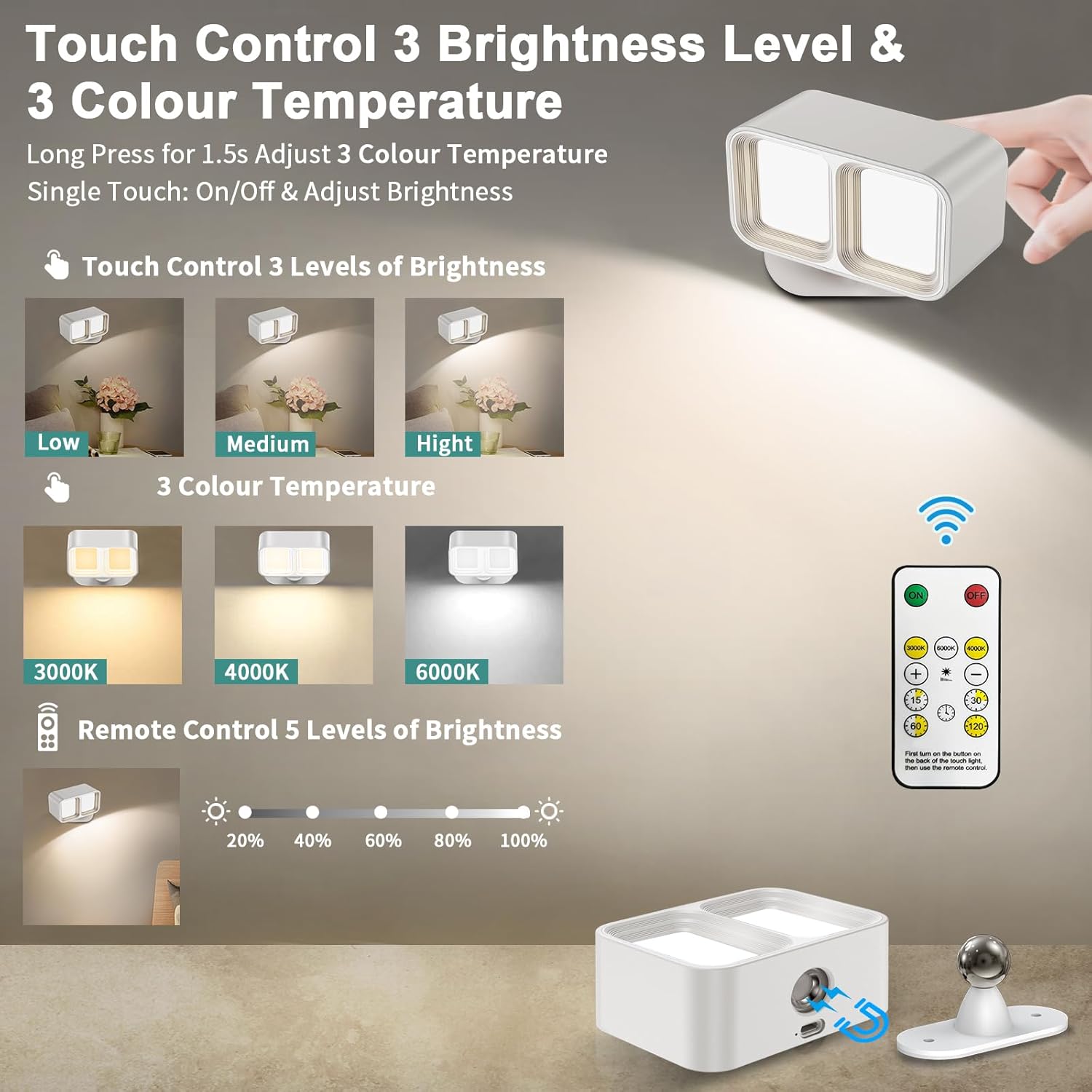 Wall Lights,Battery Operated Wall Sconces with 3 Color Temperatures & 3 Brightness Levels, 360°Rotation Wall Mount Light with Touch&Remote Control,Timer, Wall Lamp for Bedside Mural