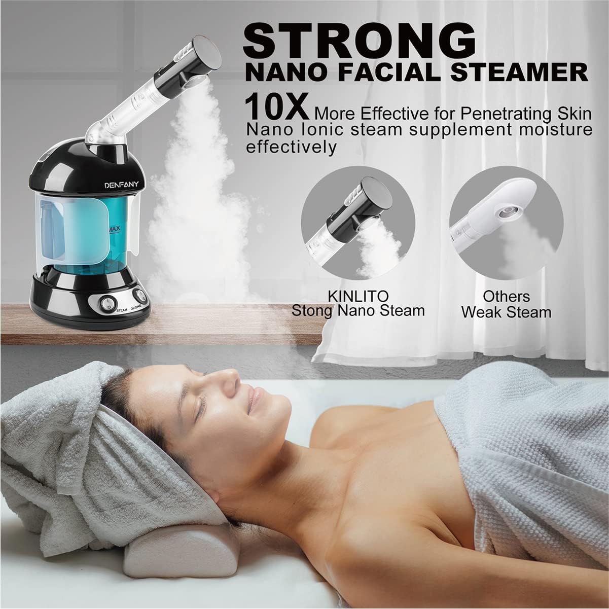 Facial Steamer - Ozone Steamer with Extendable 360° Rotating Arm - Humidifier - Unclogs Pores - Blackheads - Portable Facial Steamer for Personal Care Use at Home or Salon (Black)