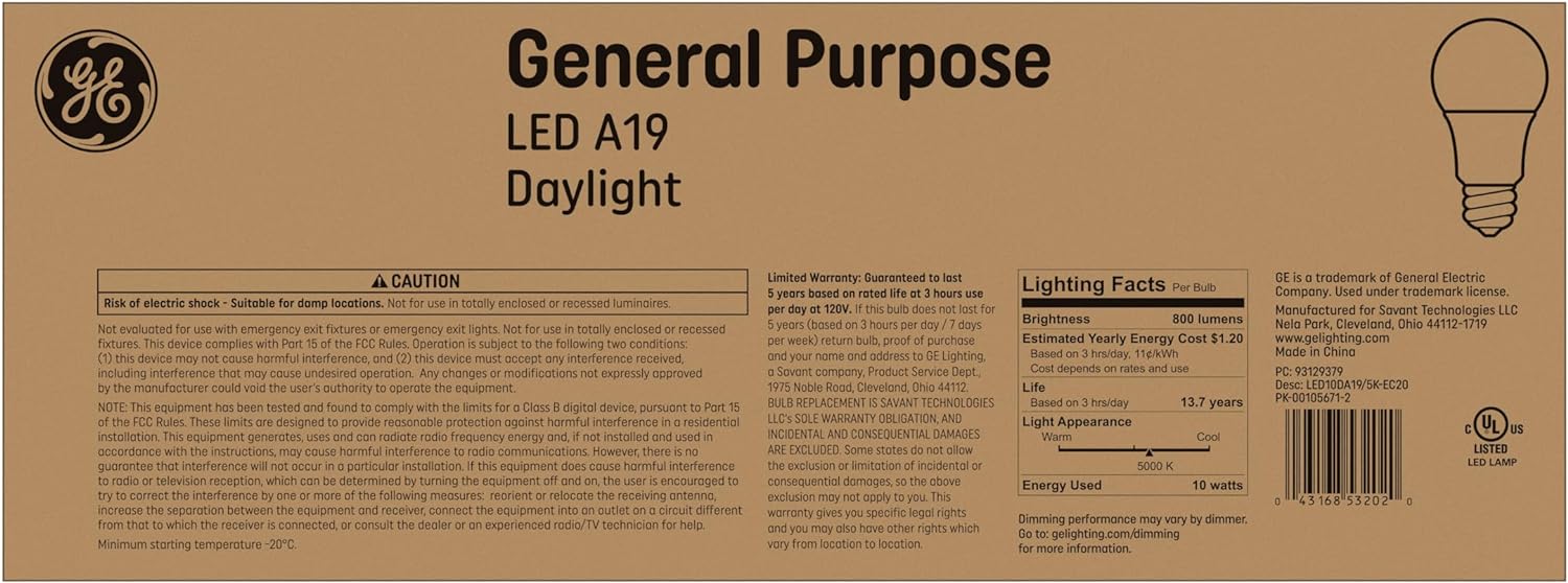 GE LED Light Bulbs, 60 Watt, Daylight, A19 (20 Pack)