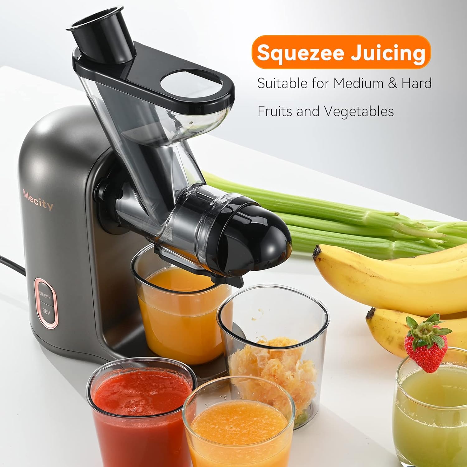 Mecity Small Masticating Juicer Electirc Slow Juicer with Reverse Function for Home, Easy to Clean Juicer Extractor with Travel Bottle, Self-Feeding Juice Maker for Vegetable and Fruit