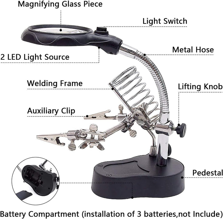 mlogiroa Helping Hands Soldering Station, 3.5X 12X Magnifying Glass LED Lighted Magnifier with Auxiliary Clips Alligator Clamp Repair Tools Kit for Soldering, Assembly, Miniatures
