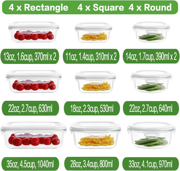 12 Sets Glass Food Storage Containers with Lids, Meal Prep Containers, Airtight Bento Boxes, BPA Free & Leak Proof, Pantry Kitchen Storage(12 lids & 12 Containers) - White