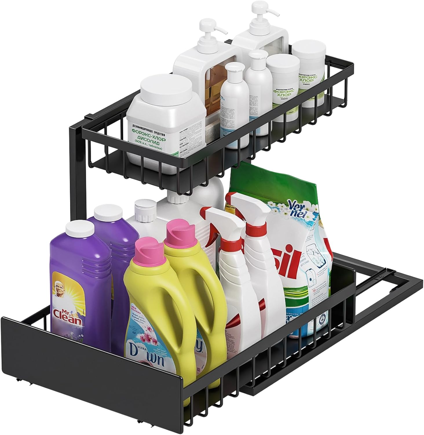 Shantton Under Sink Organizer 2-Tier Metal Sliding Pull Out Organizer for Kitchen Bathroom Cabinet Pantry Home Multipurpose Slide-Out Drawer Storage Shelf Rack No Drilling L-Shape Heavy Duty Black