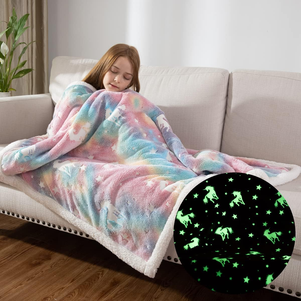 COSUSKET Glow in The Dark Blanket for Kids, Unicorn Luminous Birthday Super Soft Fuzzy Plush Sherpa Furry Fleece Multicolor Throw Blanket 50"x60" Boys Girls Gifts