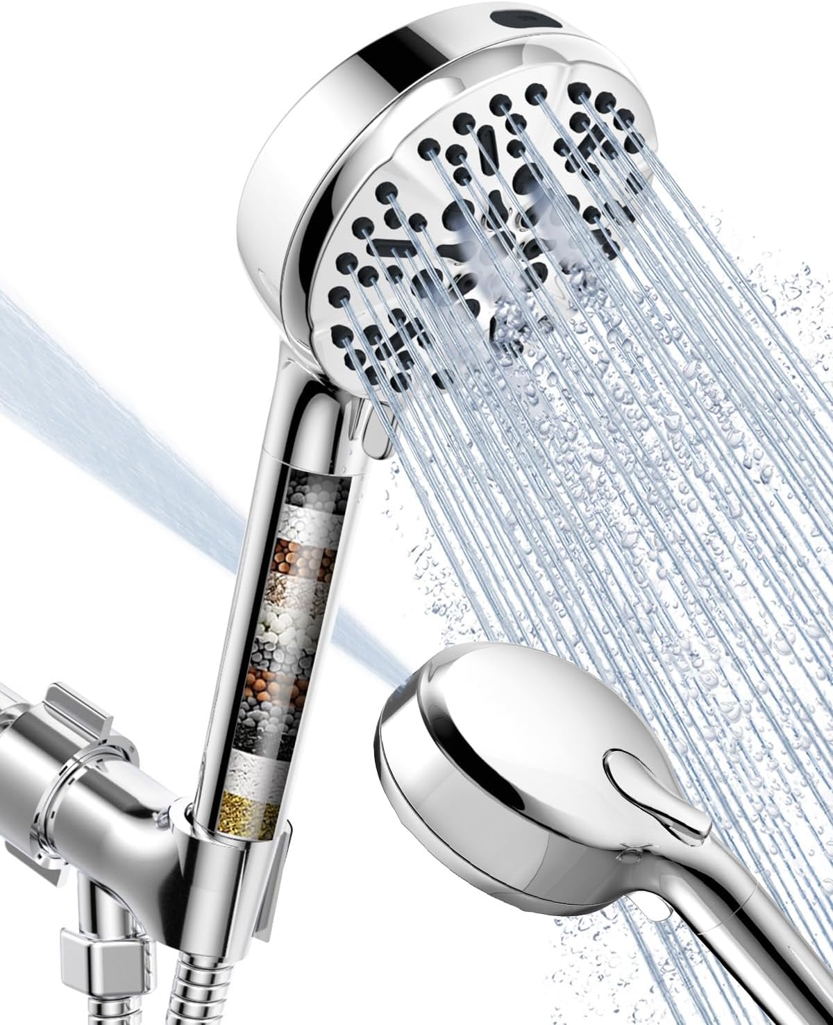 Filtered Shower Head with Handheld, BOWGER 6 Modes High Pressure Shower Heads with Power Wash Mode and Hard Water Filter, Detachable Hand Held Showerhead Set with Extra Long Hose, Chrome