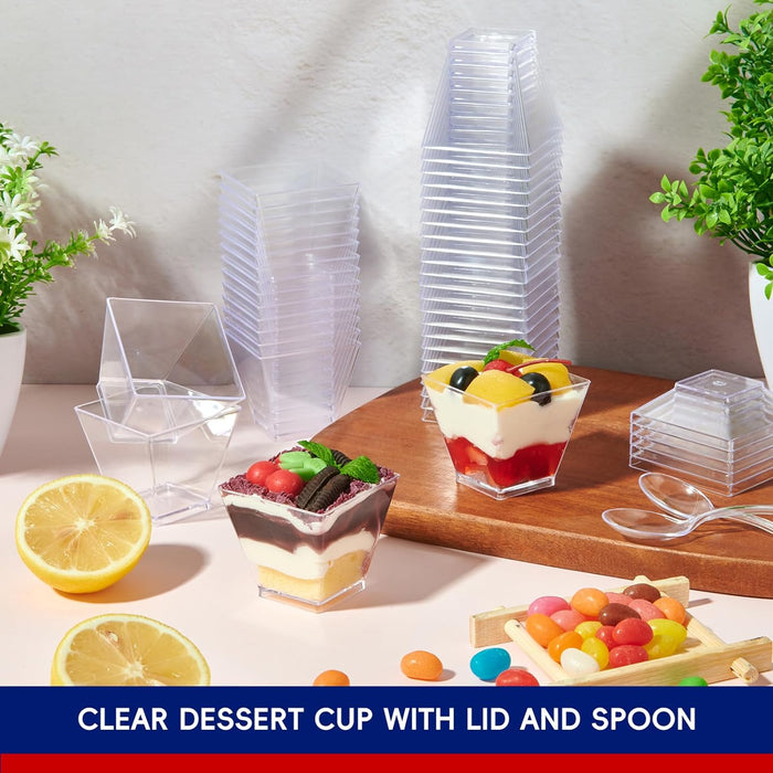 JOLLY CHEF 100 x 2 oz Mini Dessert Cups with Spoons and Lids, Square Tall Clear Plastic Parfait Appetizer Cup Small Serving Bowl for Party Desserts Appetizers