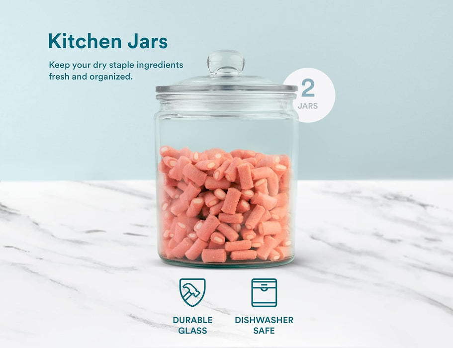 KooK Glass Storage Containers with Lids, 1/2 Gallon, Set of 2, Glass Kitchen Jars, Food & Cookie Storage Containers for Pantry, Bathroom Apothecary Canisters, Dishwasher Safe, Chalk, Label, Scoops