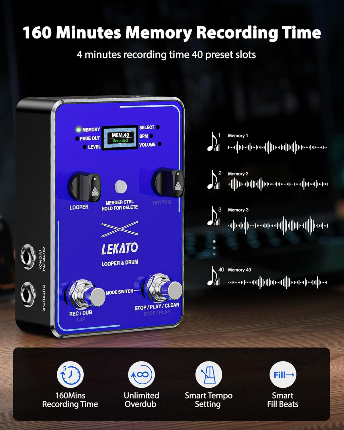 LEKATO Guitar Looper Pedal Drum Machine 2 IN 1, Stereo Guitar Drum Loop Pedals with App, 40 Slots 160 Mins, 100 Drum Grooves, Loop Pedal Supports External Footswitches Software Editing for Guitar Bass