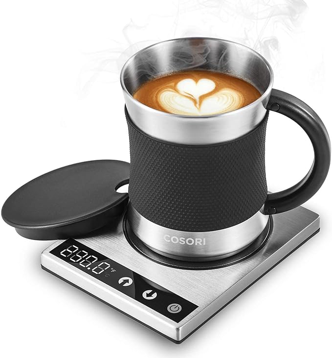 COSORI Coffee Mug Warmer & Mug Set, Beverage Cup Warmer for Desk Home Office Use, Coffee Gifts, Electric 24 Watt, Touch Tech & LCD Digital Display, 304 Stainless Steel, 17 oz, Mug lid