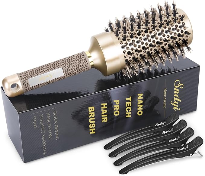 2 Round Brush for Blow Drying, Nano Thermal Ceramic & Ionic Tech Hair Brush with Boar Bristles, Professional Round Barrel Brush for Styling,Curling and Straightening by Sndyi (3.3 Inch, Barrel 2.1 Inch)