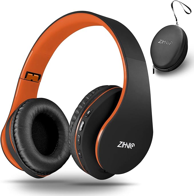 Bluetooth Over-Ear Headphones, Zihnic Foldable Wireless and Wired Stereo Headset Micro SD/TF, FM for Phone/Samsung/Pad/PC/TV,Soft Earmuffs &Light Weight for Prolonged Wearing (Black-Orange)