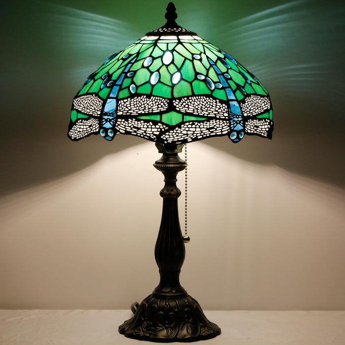 Tiffany Table Lamp Stained Glass Lamp 12X12X19 Inch Antique Reading Light (Green Dragonfly)