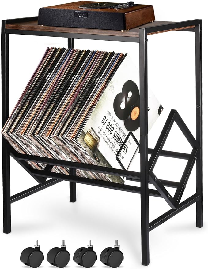 DACK Record Player Stand with Storage Up to 80 Albums,Turntable Stand with Matte Black Metal Legs, Record Player Table for Living Room Bedroom Office