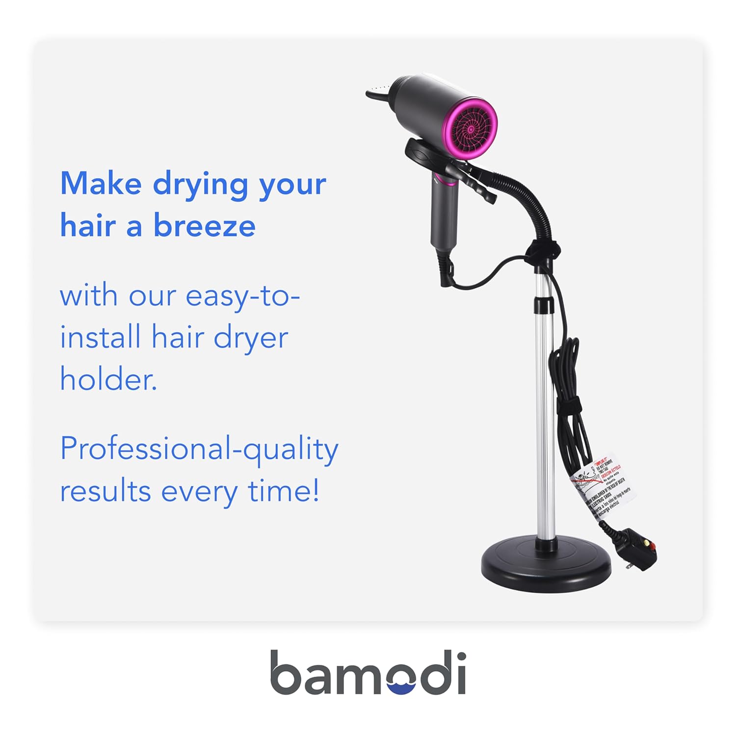 Bamodi Hair Dryer Holder Black - Hands-Free Hair Drying Metal Stand with 360° Rotation, Adjustable Height - Countertop or Wall Mount - Stylish and Convenient Storage Solution for Bathroom