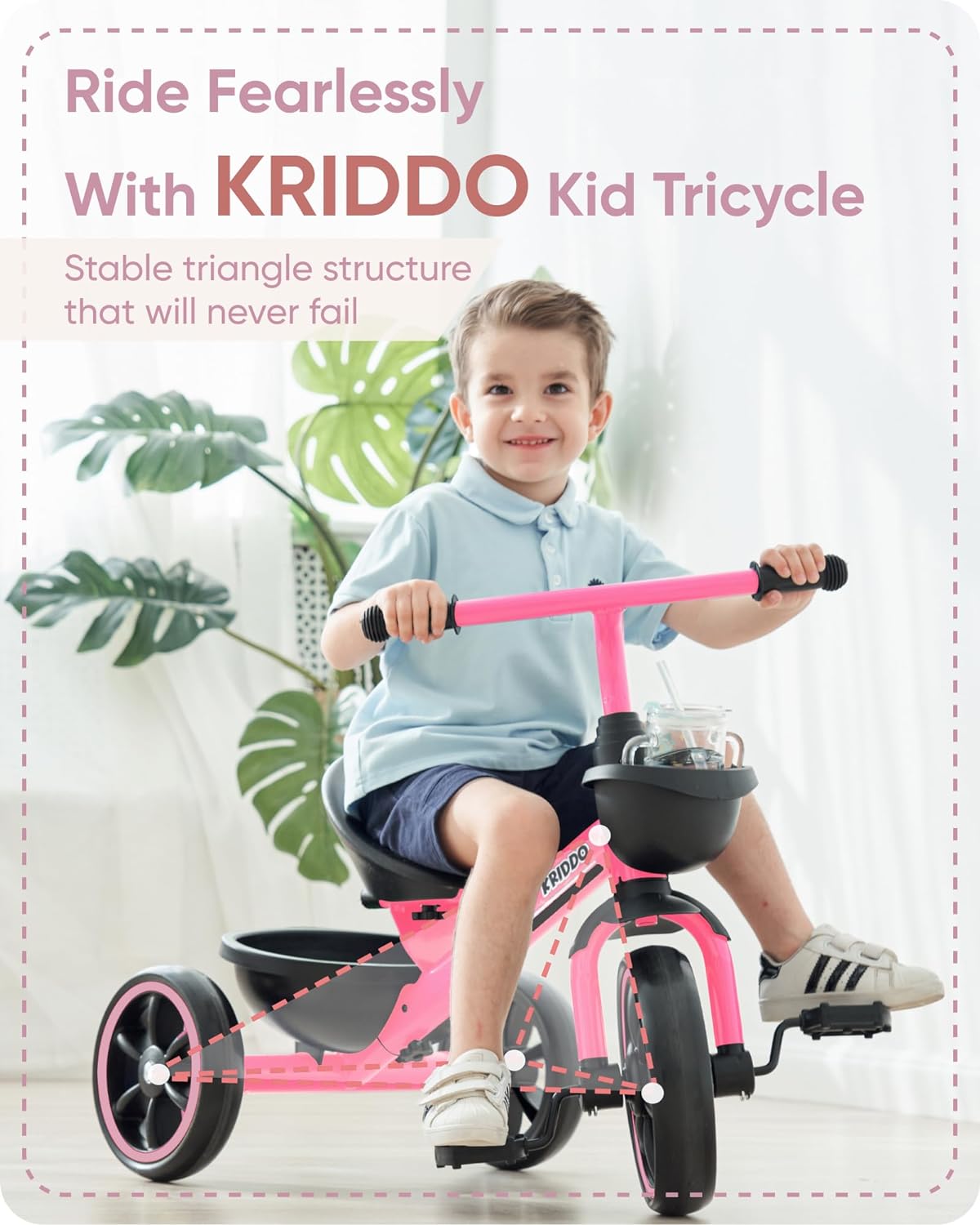 KRIDDO Kids Tricycles Age 24 Month to 4 Years, Toddler Kids Trike for 2.5 to 5 Year Old, Gift Toddler Tricycles for 2-4 Year Olds, Trikes for Toddlers, Pink