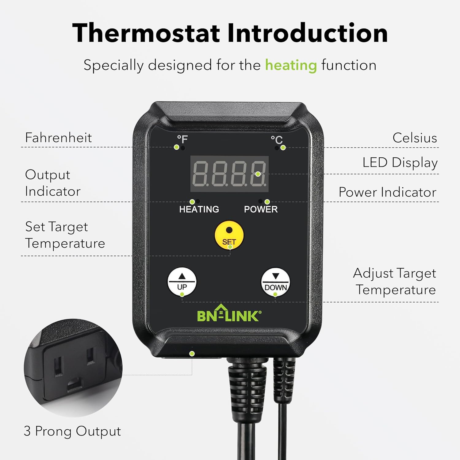 BN-LINK Digital Heat Mat Thermostat Controller for Seed Germination, Reptiles and Brewing Breeding Incubation Greenhouse, 40-108°F, 8.3A 1000W ETL Listed