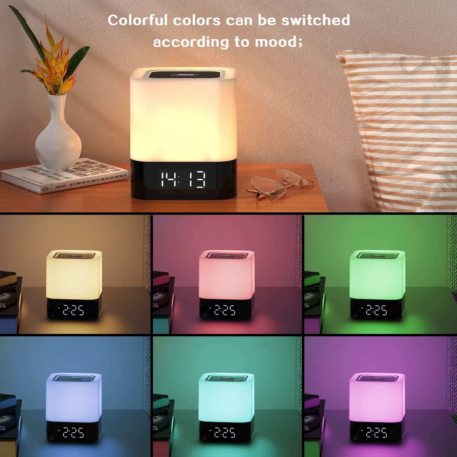 Aisuo Night Light-5 in 1 Bedside Lamp with Bluetooth Speaker,12/24H Digital Calendar Alarm Clock,Touch Control & 4000mAh Battery,Support TF and SD Card,Music Player,Room Decor