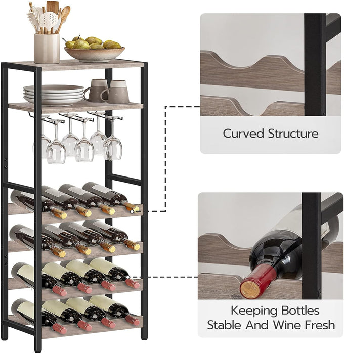 HOOBRO Freestanding Wine Rack, 16-Bottle Wine Storage Rack with Tabletop and Glass Holder, 6-Tier Bar Rack, for Kitchen, Bar, Dining Room, Greige and Black BG04JJ01