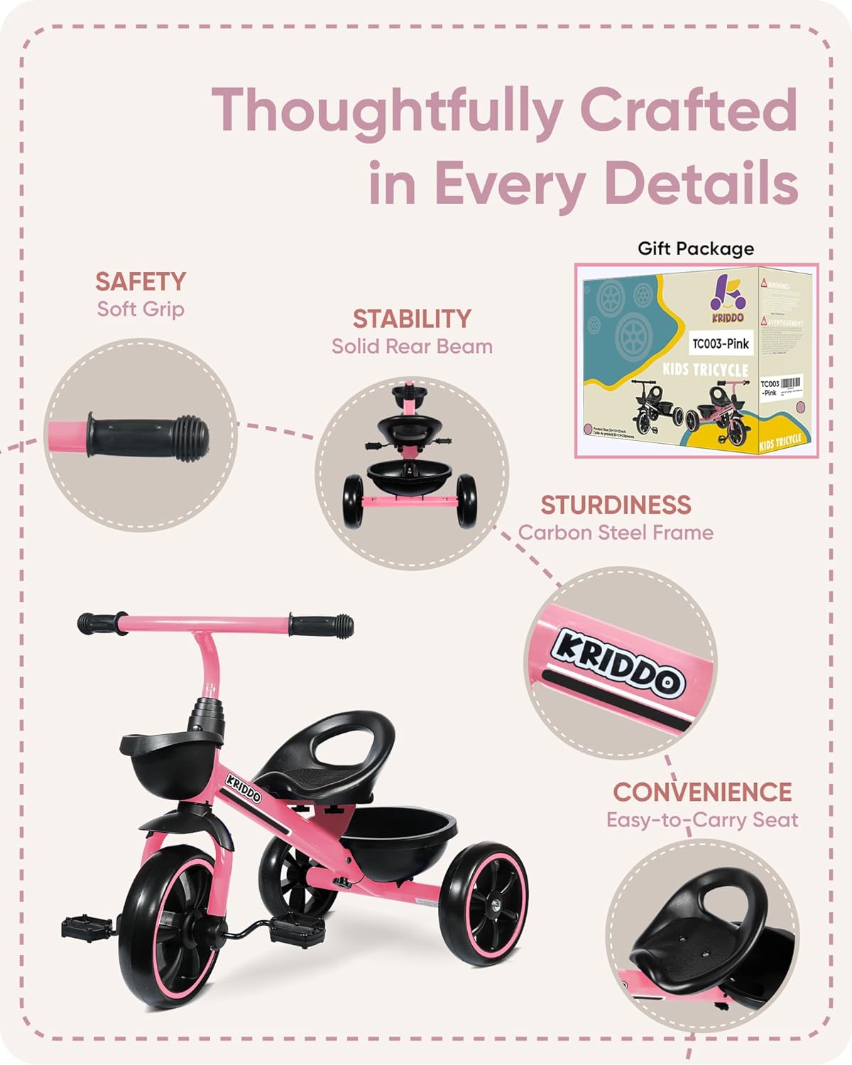 KRIDDO Kids Tricycles Age 24 Month to 4 Years, Toddler Kids Trike for 2.5 to 5 Year Old, Gift Toddler Tricycles for 2-4 Year Olds, Trikes for Toddlers, Pink