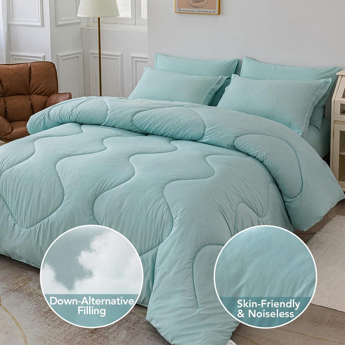 PY HOME & SPORTS Queen Size Comforter Set 7 Pieces, Down Alternative Lightweight Bedding Comforter with Pillow Sham, Pillowcase, Flat Sheet, Fitted Sheet (Light Blue, 90 x 90 Inch)