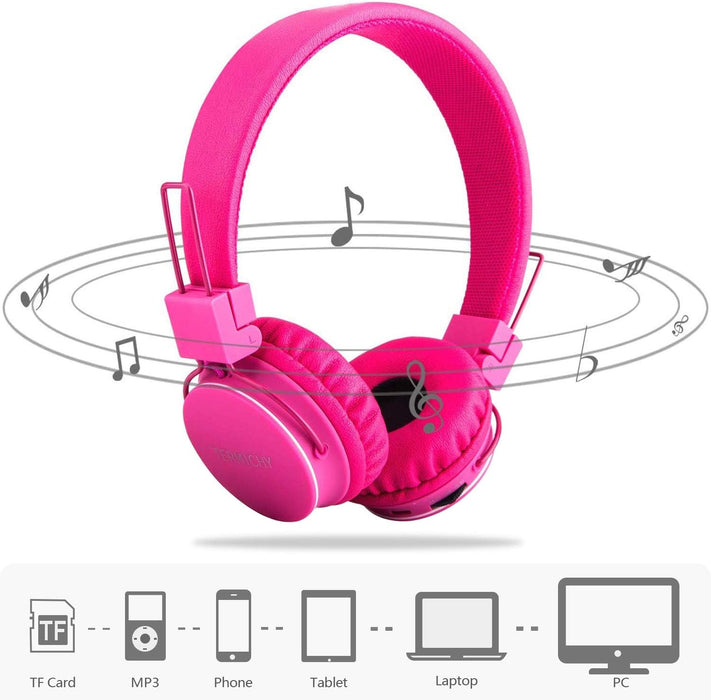 Termichy Volume Limited Wireless Bluetooth Kids Headphones, wireless/wired Foldable Stereo over-Ear headsets with music share port and Built-in Microphone for calling (Pink)