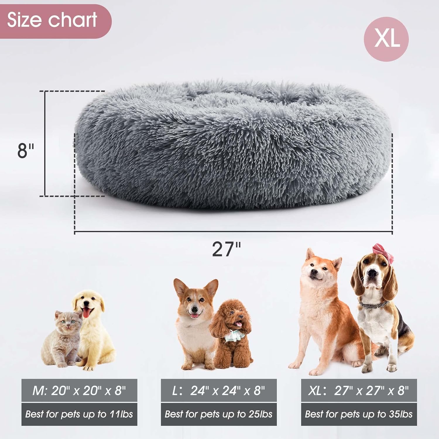 WESTERN HOME WH Calming Dog & Cat Bed, Anti-Anxiety Donut Cuddler Warming Cozy Soft Round Bed, Fluffy Faux Fur Plush Cushion Bed for Small Medium Dogs and Cats (20"/24"/27"/30")