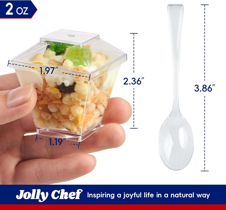 JOLLY CHEF 100 x 2 oz Mini Dessert Cups with Spoons and Lids, Square Tall Clear Plastic Parfait Appetizer Cup Small Serving Bowl for Party Desserts Appetizers