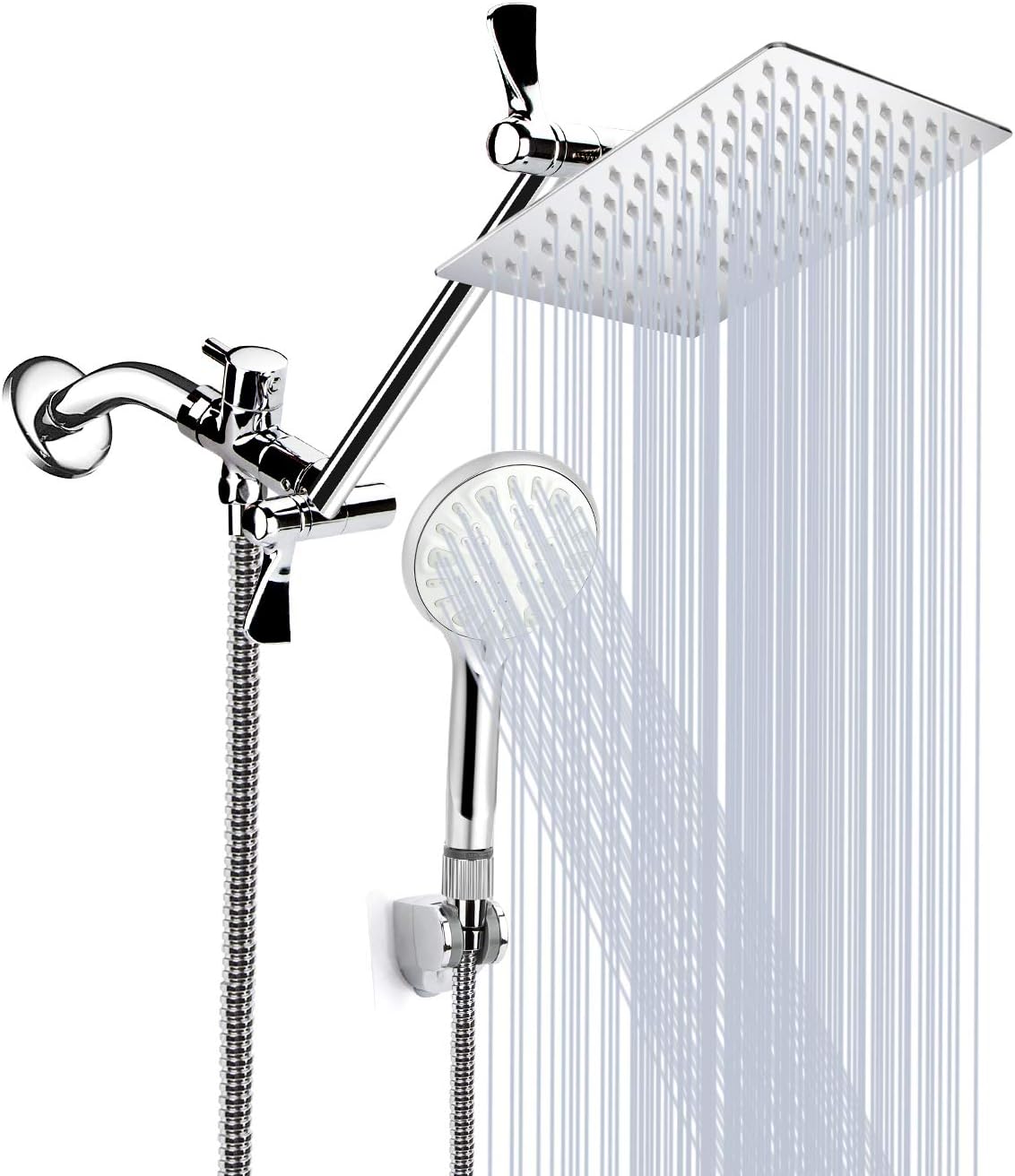 Shower Head, 8 Inch High Pressure Rainfall Shower Head/Handheld Shower Combo with 11 Inch Extension Arm, 9 Settings Adjustable Anti-Leak Shower Head with Holder/Hose, Height/Angle Adjustable