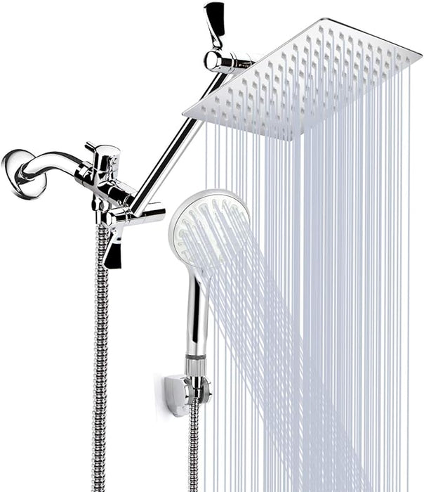 Shower Head, 8 Inch High Pressure Rainfall Shower Head/Handheld Shower Combo with 11 Inch Extension Arm, 9 Settings Adjustable Anti-Leak Shower Head with Holder/Hose, Height/Angle Adjustable