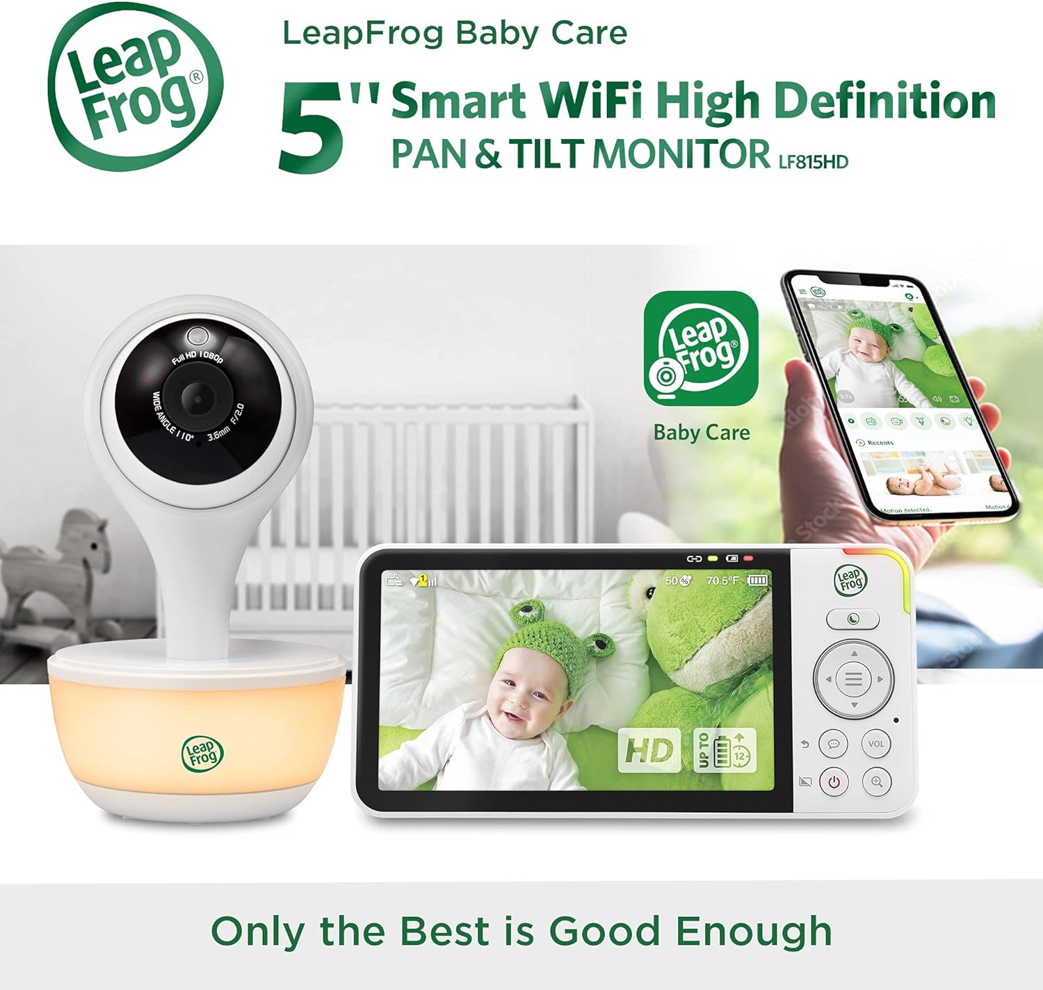 LeapFrog LF815HD - 1080p WiFi Remote Access Video Baby Monitor with 5” High Definition 720p Display, Night Light, Color Night Vision, (White), One Size