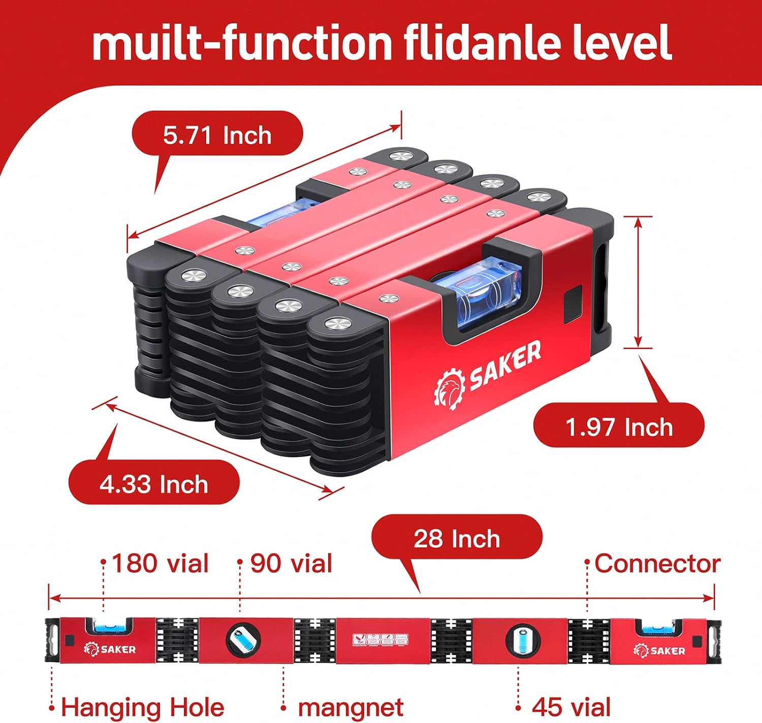 Saker Multi-Function Foldable Level, 28-Inch Multi-Angle Measurement Woodworking Tools,Precise Leveling in Any Position,Save Your Precious Time