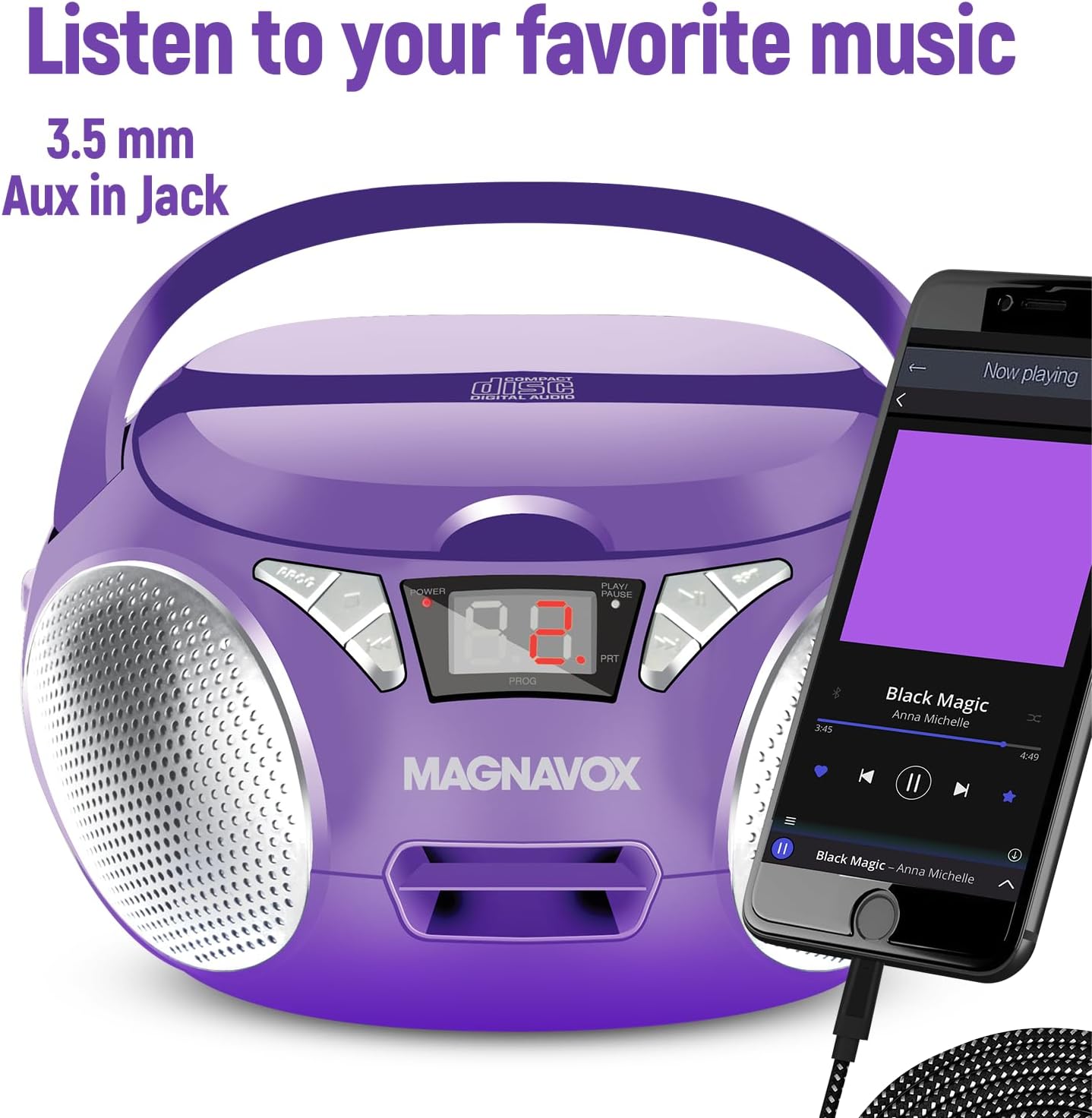 Magnavox MD6924-PL Portable Top Loading CD Boombox with AM/FM Stereo Radio in Purple | CD-R/CD-RW Compatible | LED Display | AUX Port Supported | Programmable CD Player |