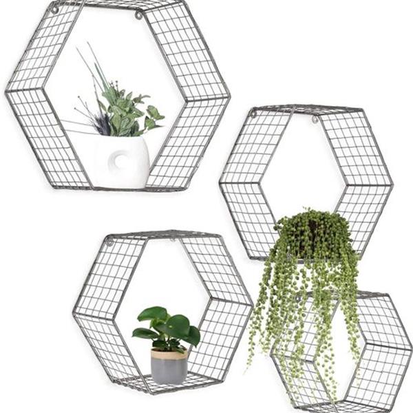 kimisty Set 4 Gray Hexagon Wall Shelves, Floating Mesh Wire Wall Mounted Shelf, Geometric Mesh