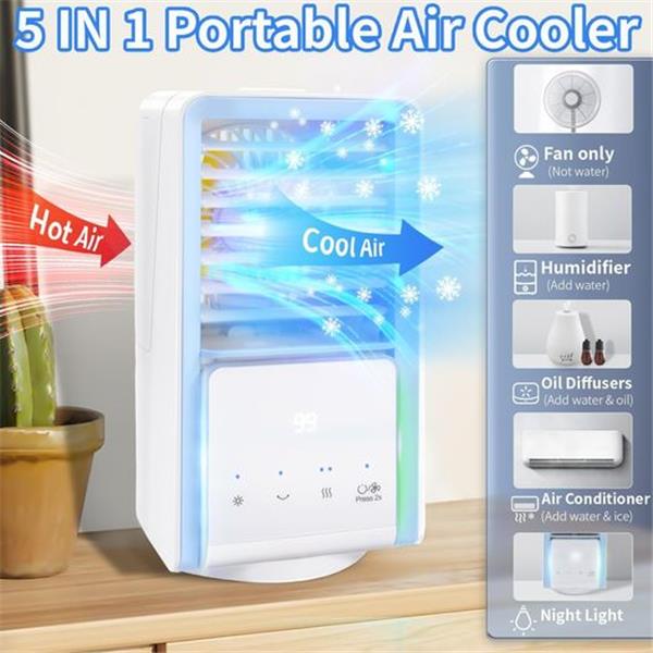 Portable Air Conditioner Fan, 5IN1 Cooling Fan Mini Air Conditioner with 3 Wind Speeds 2 Cool A