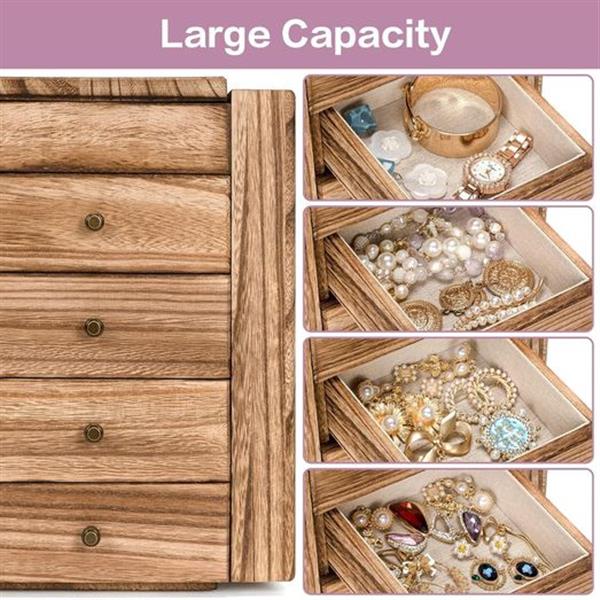Meangood Jewelry Box Wood for Wowen, 5-Layer Large Organizer Box with Mirror & 4 Drawers for Ri