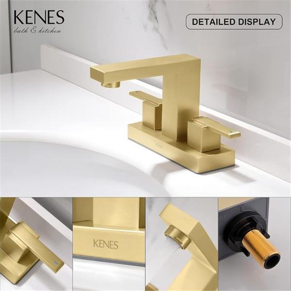 KENES Brushed Gold 4 Inch Centerset Bathroom Faucet Gold Two-Handle Bathroom Sink Faucet Modern