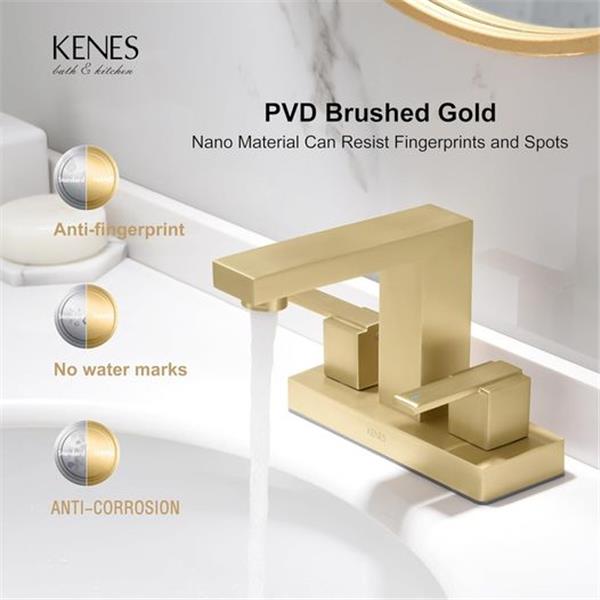 KENES Brushed Gold 4 Inch Centerset Bathroom Faucet Gold Two-Handle Bathroom Sink Faucet Modern