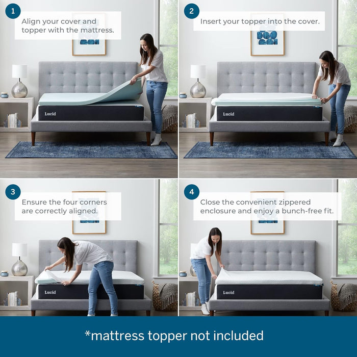 LUCID Mattress Topper Cover - Soft and Breathable - Machine Washable - Zippered Enclosure - Non-Slip Cover - 2 Inch - Twin XL