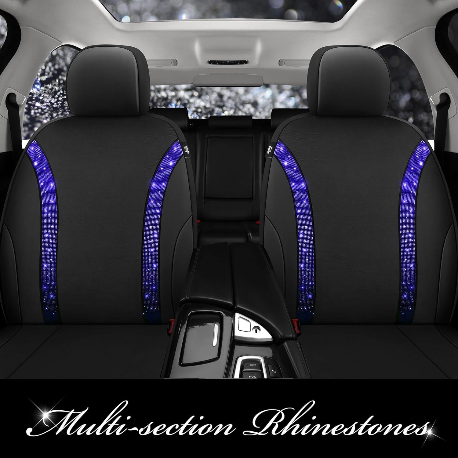 Pariitadin Bling Leather Car Seat Covers 2 Front Seats for Cute Women Girl, Shining Rhinestone Breathable Automotive Seat Covers for Cars, Universal Fit Most Cars Sedans SUVs Trucks(Blue Diamond)