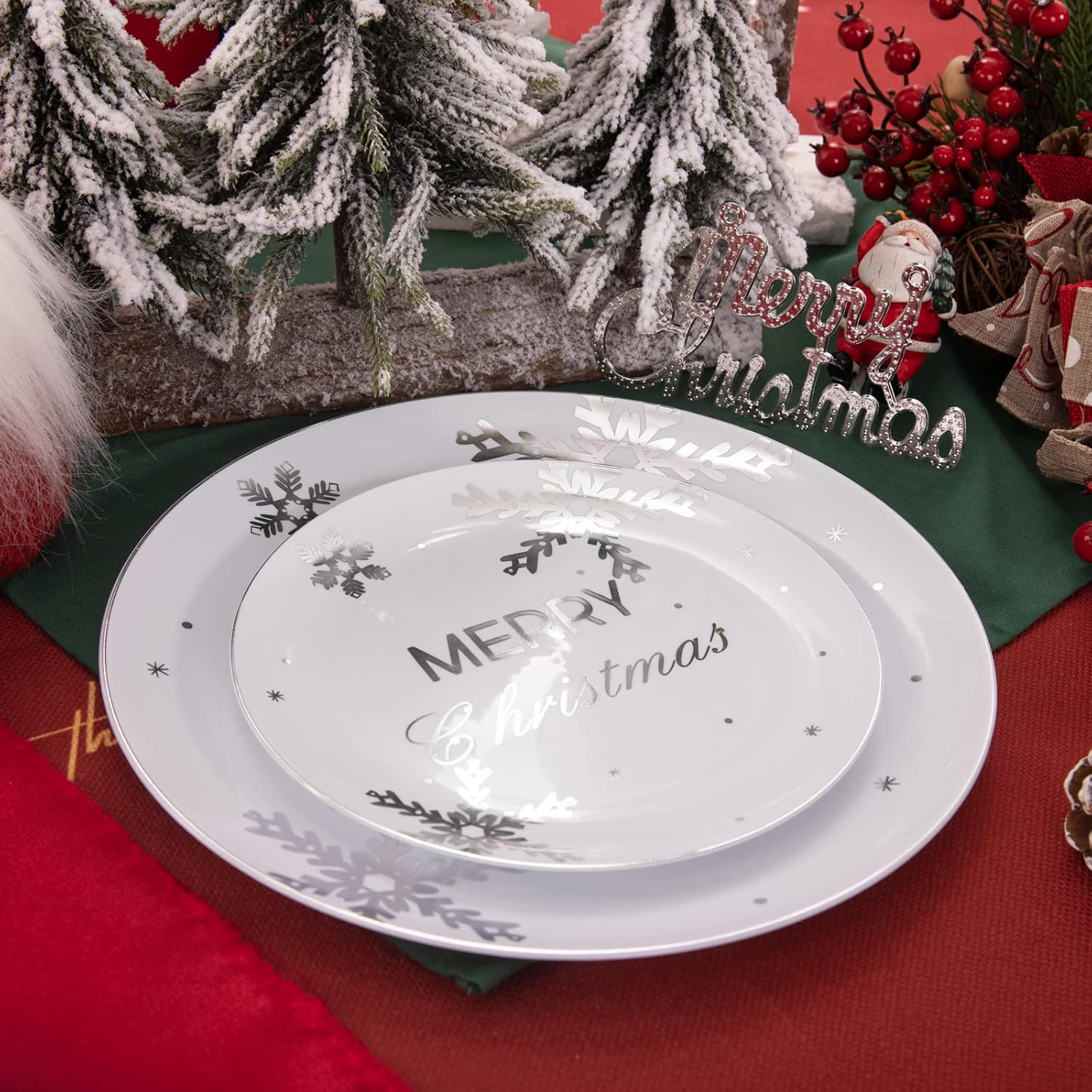 KIRE 25 Guests Silver Plastic Plates with Snowflake pattern & Silver Disposable Plastic Silverware &Clear Silver Cups - Christmas Plastic Plates for Christmas Parties, Picnics, Holiday, Christmas Day