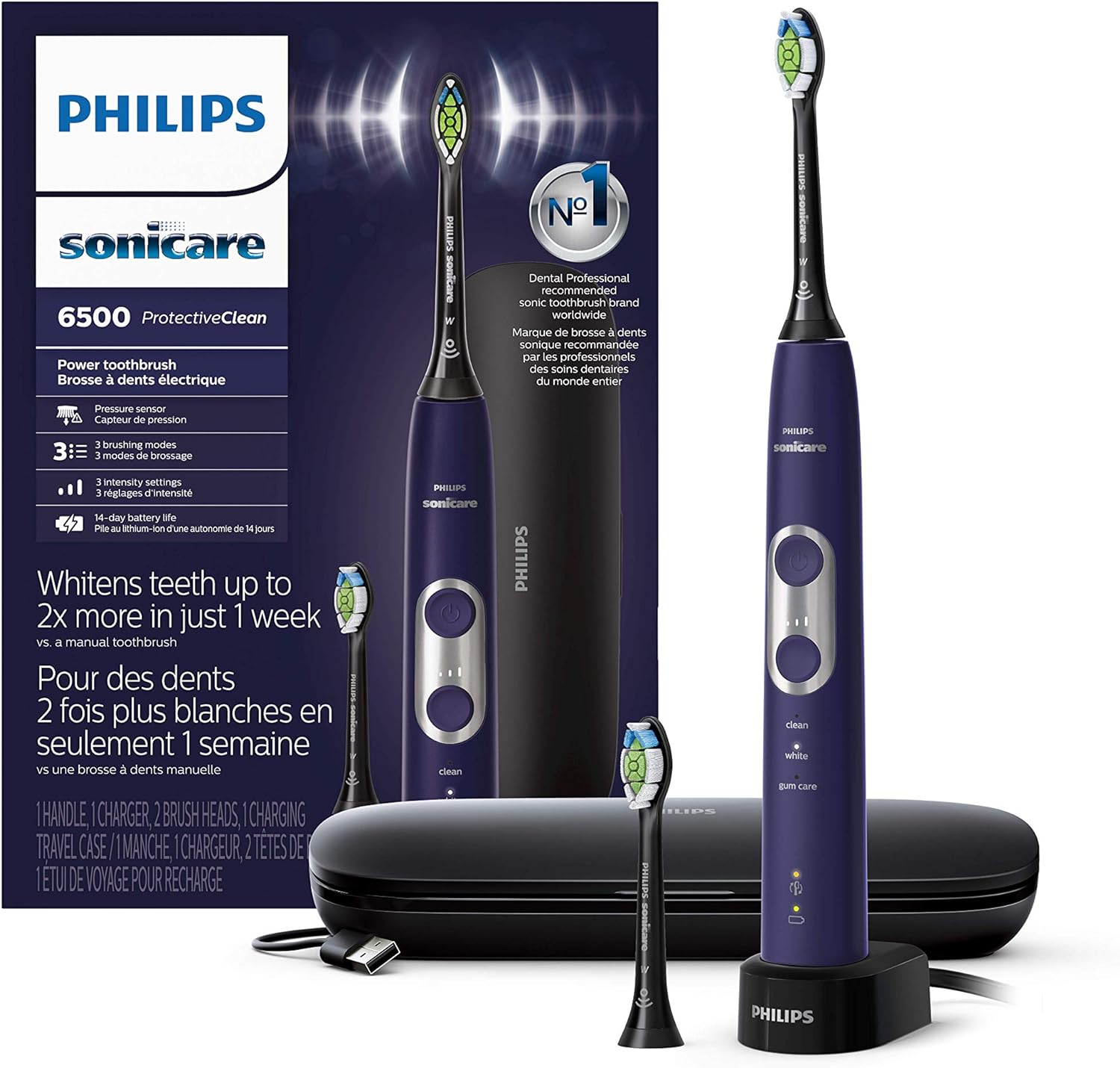 Philips Sonicare Protective Clean 6500 Rechargeable Electric Power Toothbrush with Charging Travel Case and Extra Brush Head, Deep Purple, HX6462/09