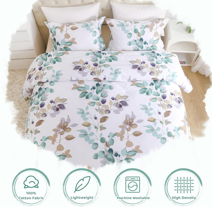 Sanracie Floral Comforter King Size- 100% Cotton Bedding Comforter Set, 3pcs Gradient Teal Leaves Botanical Pattern Queen Bedding Sets, Lightweight Ultra Soft Fluffy Bed Flower Comforter Sets