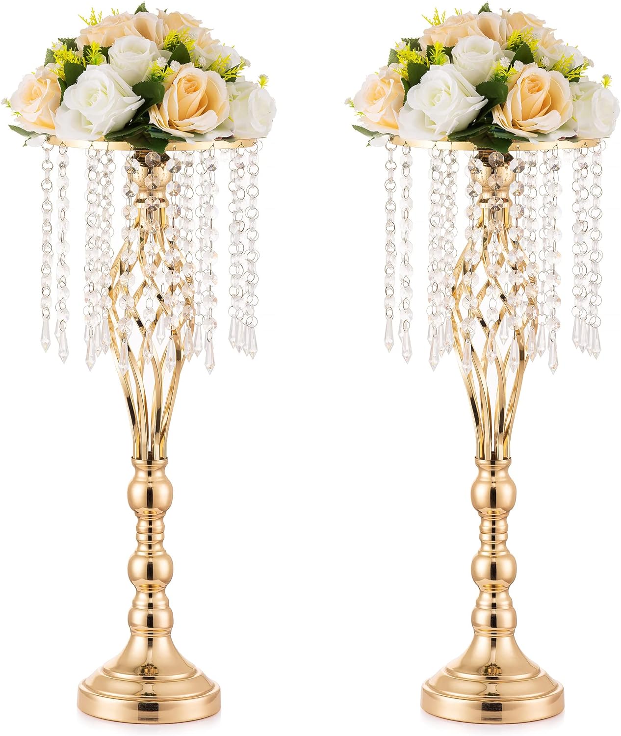 Inweder Wedding Centerpiece Table Decorations - 2 Pcs Gold Vase for Centerpieces with Chandelier Crystals, 21.7in Tall Flower Vase, Wedding Metal Flower Stand for Event, Birthday, Home Decoration