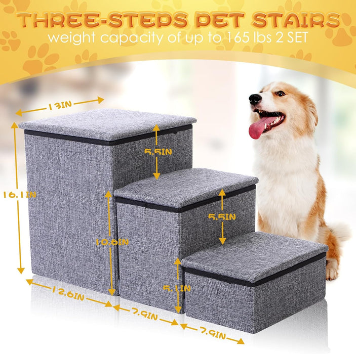 Wenqik 2 Set Dog Stairs for Small Dogs 16.1 h Dog Steps for High Beds 3 Steps Foldable Stairs with Storage for Couch Sofa and Chair Non Slip Balanced Dog Indoor Step Cat Dog Ramp Hold up to 165 Lbs