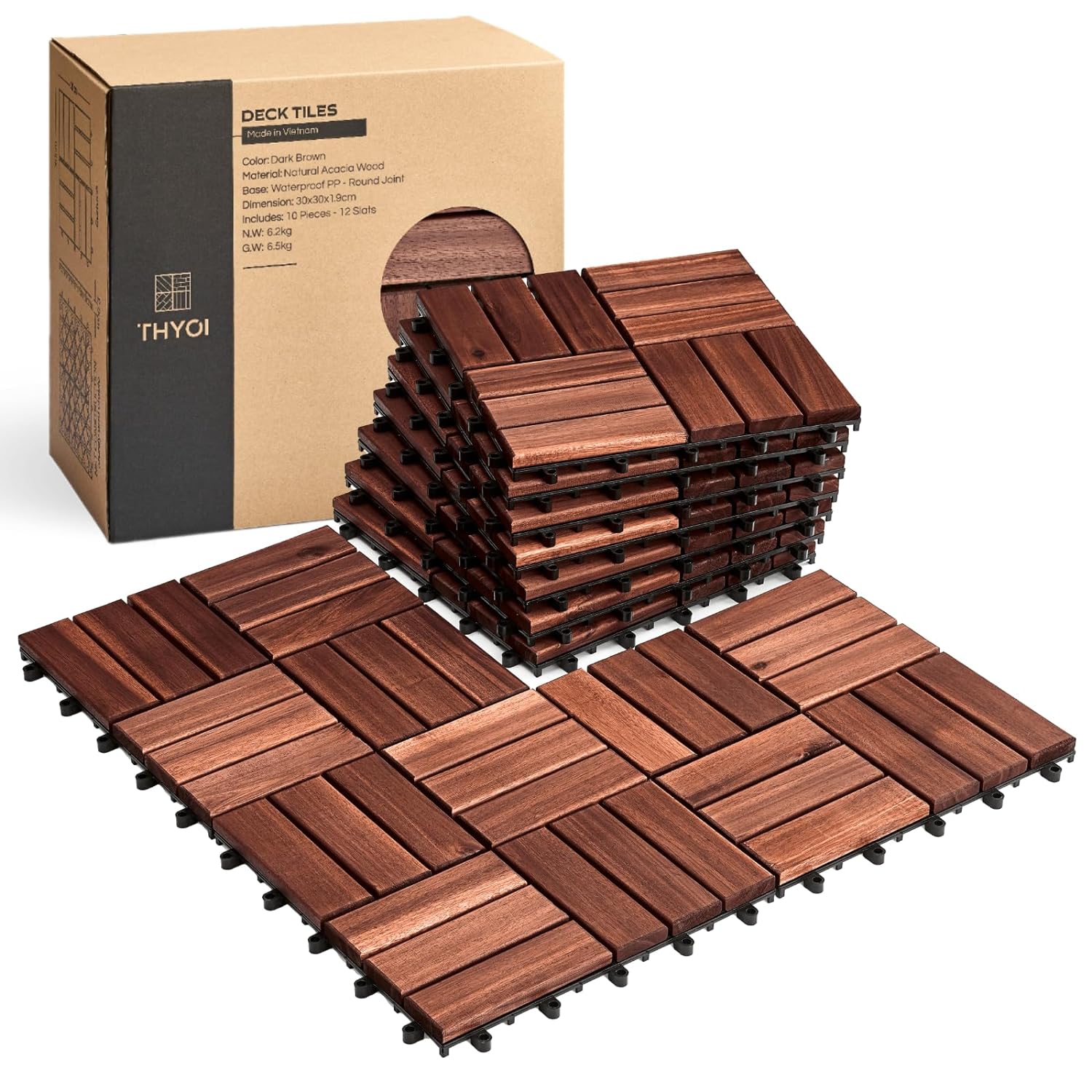 THYOI 10 Pcs Acacia Wood Deck Tiles 12" x 12", Deck Tiles Interlocking Outdoor All Weather, Patio Flooring Waterproof, Wood Patio Tiles for Indoor and Outdoor use (Round Joint, Dark Brown)