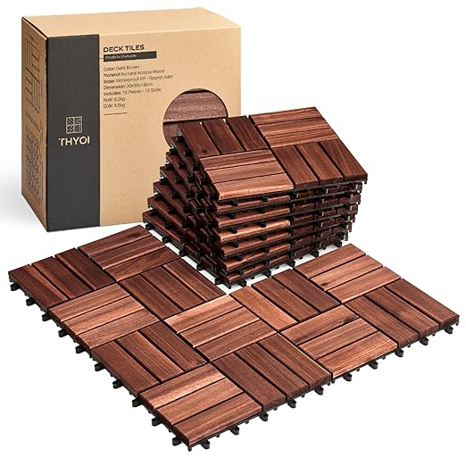 THYOI 10 Pcs Acacia Wood Deck Tiles 12" x 12", Deck Tiles Interlocking Outdoor All Weather, Patio Flooring Waterproof, Wood Patio Tiles for Indoor and Outdoor use (Round Joint, Dark Brown)