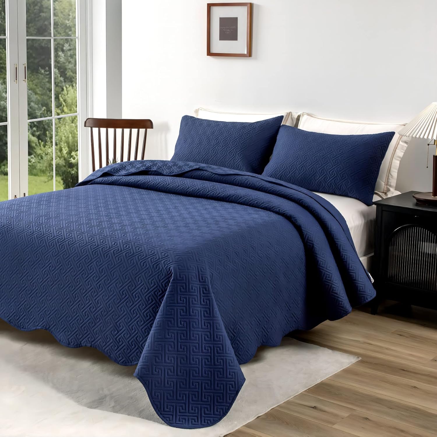 SubcosY Quilt Set King Size Navy Blue 3 Piece, Lightweight Soft Bedspread Labyrinth Lattice Pattern Bed Decor Coverlet Sets for All Season(106"x96")