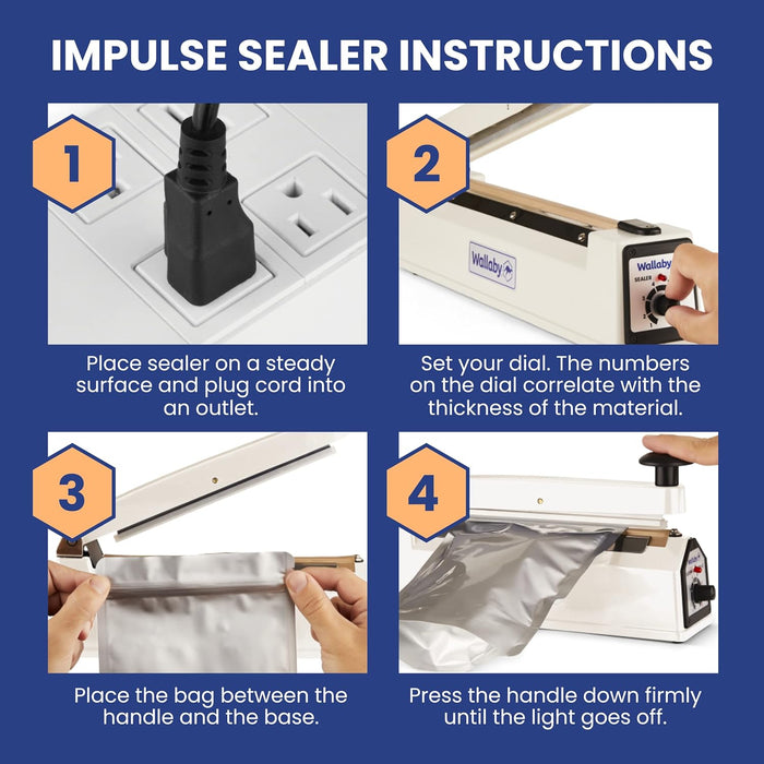 Wallaby Impulse Sealer - 8 inch - Manual Heat Sealer Machine for Mylar Bags - Heavy Duty for Strong, Secure Sealing for Long Term Food Storage - Two Fuse & Strip Replacement Kits Included (White)