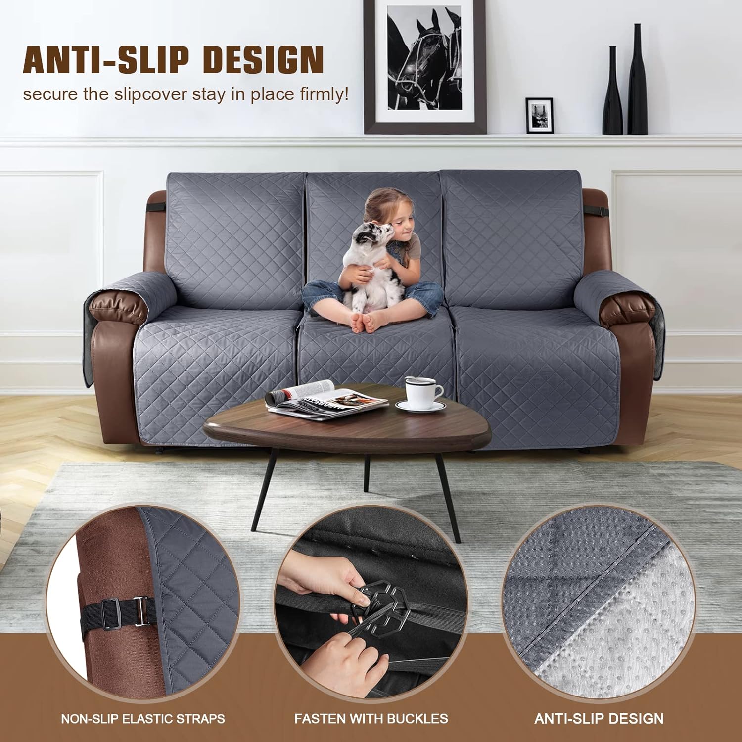 KinCam Waterproof Recliner Sofa Cover, Non-slip Reclining Couch Covers for 3 Seat, Recliner Couch Cover Furniture Protector with Elastic Straps for Pets, Kids, Dark Gray