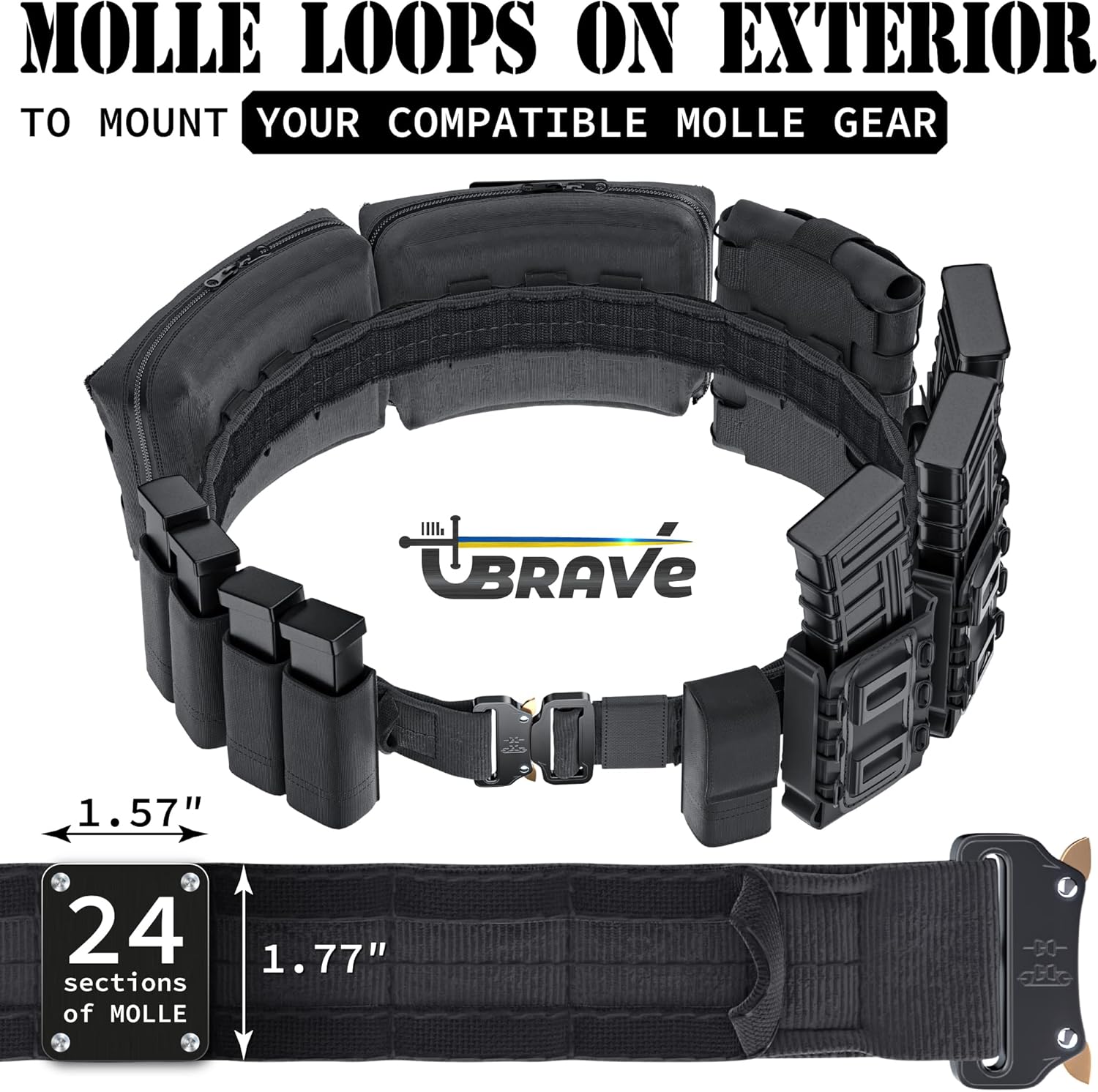 Quick-Release Battle Belt [3 Tactical Belts in One] 1.77'' Molle Belt, Combat Loop Belt and Anti-slip Supporting Pad